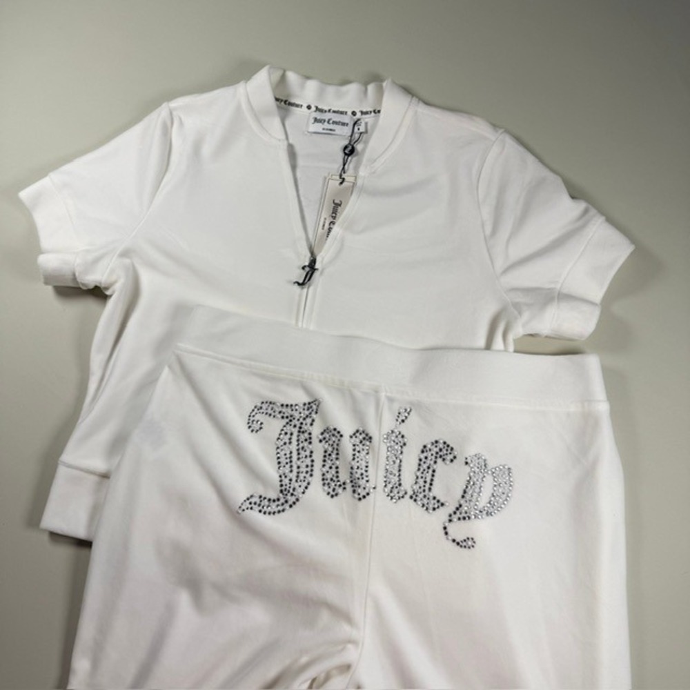 Juicy Couture White Velour Rhinestone Set Short Sleeve Top Pants NOTE SIZE